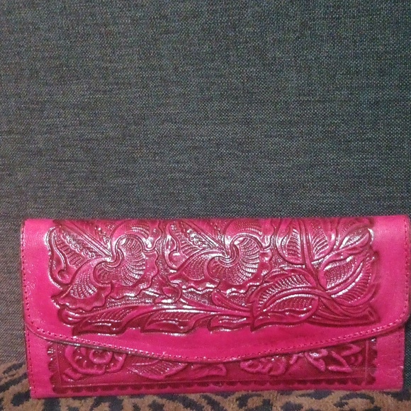 Mexico Pink Leather Trifold Leather Flower Print Wallet - Picture 2 of 6